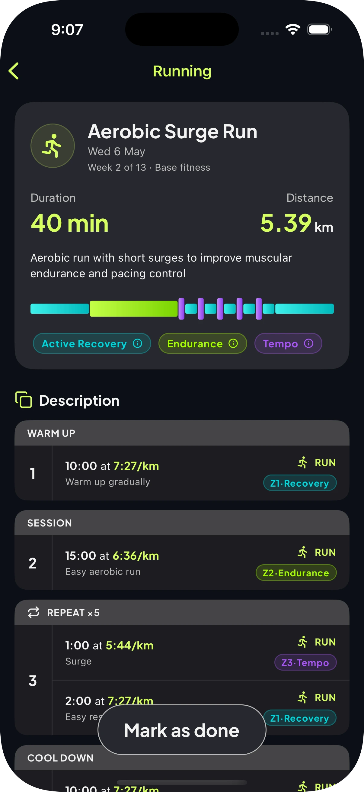 Gritup app: run workout detail with surges and training zones