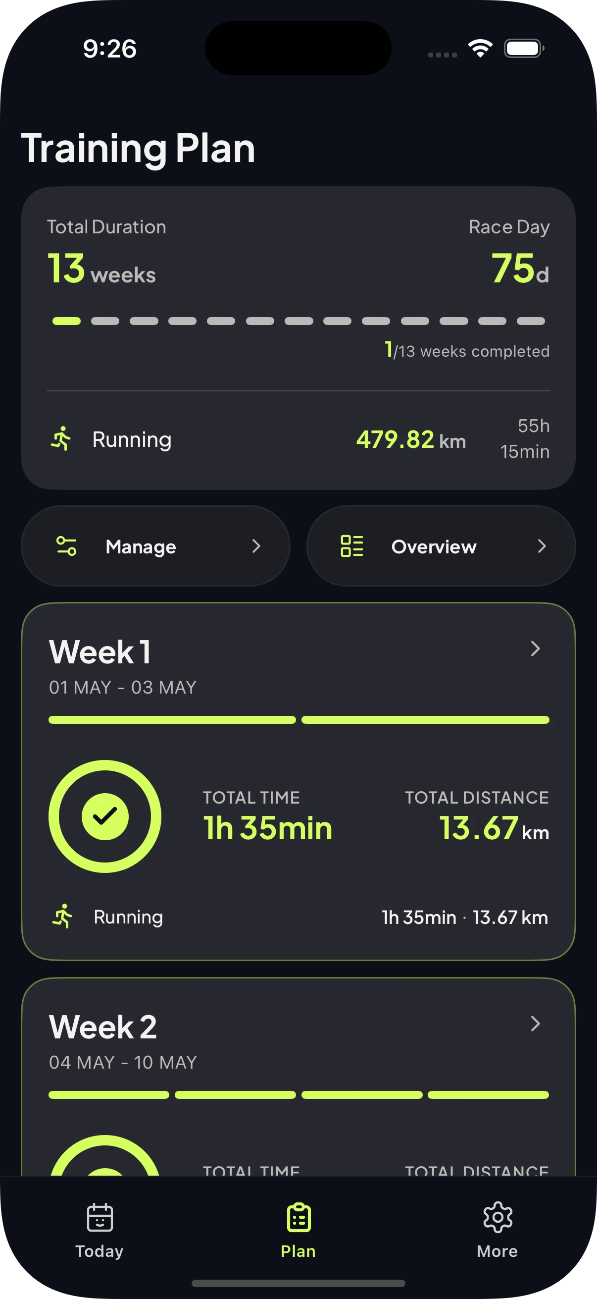 Gritup app: training plan overview with weekly progress toward race day